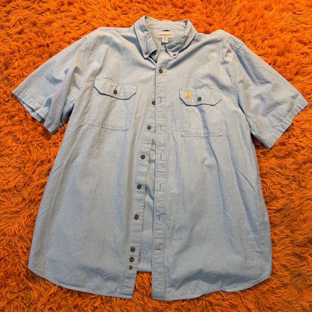 Carhartt Mens Relaxed Fit Short Sleeve Button Down Shirt Blue 2XL Tall Workwear